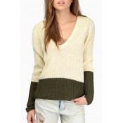 Boyfriend Style Plunge V-Neck Long Sleeve Color Block Sweater