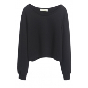 Plain Round Neck Long Sleeve Crop Top with Elbow Patch