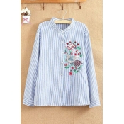 New Arrival Stand-Up Collar Long Sleeve Floral Embroidered Striped Print Shirt