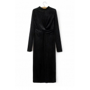 New Arrival Stand-Up Collar Long Sleeve Wrap Sash Front Plain Velvet Midi Dress