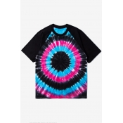 Unisex Color Block Ring Printed Raglan Short Sleeve Casual Tee with Round Neck