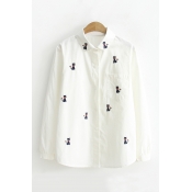 Girl's Lovely Cat Embroidery Lapel Collar Long Sleeve Button Down Shirt with One Pocket