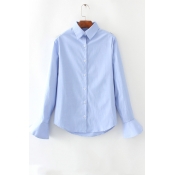 Women's New Fashion Lapel Collar Bell Sleeve Floral Patched Back Buttons Down Shirt