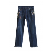 New Arrival Insect Floral Embroidery Zip Fly Raw Edge Denim Pants