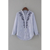 Collarless V-Neck Long Sleeve Bow Cuff Embroidered Buttons Down High Low Hem Shirt