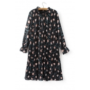 Stand-Up Collar Long Sleeve Floral Print Gathered Waist Sashes Mini Dress