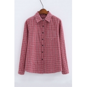 Girl's Classic Plaid Print Lapel Collar Long Sleeve Buttons Down Shirt with One Pocket