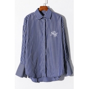 Vertical Striped Embroidery Letter Contrast Cuffs Lapel Long Sleeve Tunic Button Down Shirt