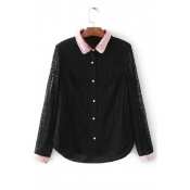 Velvet Contrast Lapel Single Breasted Long Sleeve Lace Shirt