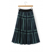 Elastic Waist Plaid Color Block Midi Pleated Skirt