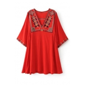 V Neck Half Sleeve Tribal Embroidery Red Flared Mini A-Line Dress