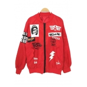 New Arrival Stand-Up Collar Zip Placket Letter Cartoon Printed Embroidery Baseball Jacket