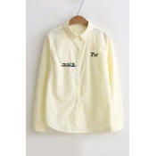New Fashion Small House Embroidered Lapel Collar Long Sleeve Buttons Down Basic Shirt