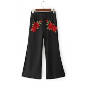 Fashion Embroidery Floral Pattern Split Cuffs Wide Leg Pants