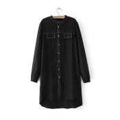 Stand-Up Collar Long Sleeve Fake Pockets Contrast Stitching High Low Hem Tunic Shirt