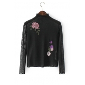 Stand-Up Collar Long Sleeve Floral Embroidery Sheer Mesh Pullover T-Shirt