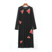 Sheer Mesh Embroidery Floral Pattern Long Sleeve Maxi T-Shirt Dress