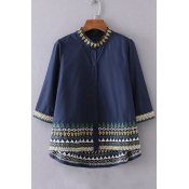 Embroidery Tribal Pattern Stand-Up Collar Single Breasted 3/4 Length Sleeve Shirt