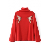 Women's Embroidery Bird Pattern High Neck Long Sleeve Pullover Sweater