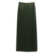Zip Side Elastic Waist Vertical Striped Midi Plain Pleated Skirt