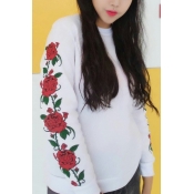 Rose Floral Printed Sleeve Round Neck Pullover Sweatshirt