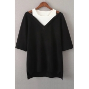 New Fashion Fake Two-Piece Round Neck Half Sleeve Color Block High Low Hem Sweater