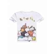 Comic Cartoon Cute Cat Printed Round Neck Short Sleeve Pullover Graphic T-Shirt