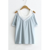 New Fashion Cold Shoulder Fake Two-Piece Color Block Short Sleeve Loose T-Shirt