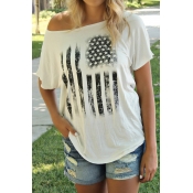 Fashion Women's Off the Shoulder Short Sleeve Printed Loose Tee