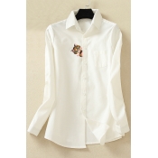 Cartoon Cat Embroidered Lapel Collar Long Sleeve Buttons Down Shirt with Single Pocket
