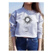 The Moon The Sun Printed Round Neck Long Sleeve Casual Cropped Sweatshirt