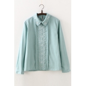 Linen Lapel Collar Long Sleeve Embroidered Placket Casual Leisure pullover Blouse