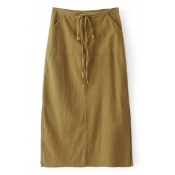 Women's Drawstring Waist Split Sides Plain Maxi Bodycon Skirt