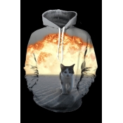 New Arrival Digital Fire Cat Printed Long Sleeve Casual Hoodie with Pockets