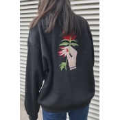 Unisex Embroidery Hand Floral Pattern Long Sleeve Half High Neck Pullover Sweatshirt