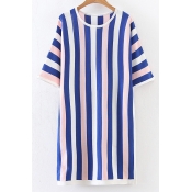 Vertical Striped Color Block Round Neck Short Sleeve Mini Shift Dress