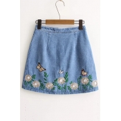 Floral Embroidered High Rise Basic Zip Back A-Line Mini Basic Denim Skirt