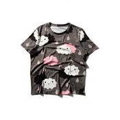 Cloud Happy Face Printed Round Neck Short Sleeve Casual Graphic Tee