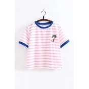 Color Block Striped Print Round Neck Short Sleeve Coconut Palm Embroidered T-Shirt