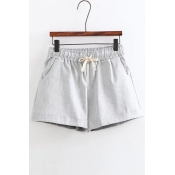Basic Plain Elastic Drawstring Waist Linen Casual Summer's Shorts