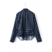 New Arrival Tied Back Vertical Striped High Low Hem Single Breasted Lapel Shirt