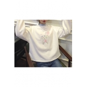 Cartoon Cat Floral Embroidered Mock Neck Long Sleeve Pullover Casual Sweatshirt