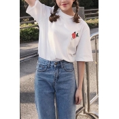Retro Rose Embroidered Round Neck Short Sleeve Boyfriend Relaxed T-Shirt