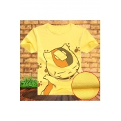 Round Neck Short Sleeve Cartoon Cat Printed Loose Leisure Pullover T-Shirt
