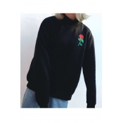 Retro Chic Rose Embroidered High Neck Long Sleeve Leisure Loose Pullover Sweatshirt