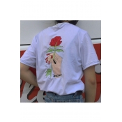 Unisex Embroidery Hand Floral Pattern Short Sleeve Round Neck Off-Duty Tee