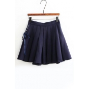 High Rise Lace-Up Side Grommet Plain A-Line Pleated Skirt