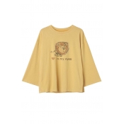 Lovely Lion Cartoon Letter Printed 3/4 Length Sleeve Split Sides T-Shirt