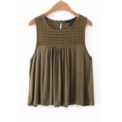 Hollow Out Round Neck Sleeveless Solid Color Casual Tee