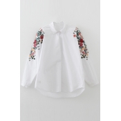 Symmetric Floral Embroidery Pattern in Sleeve Single Breasted Lapel High Low Hem Shirt